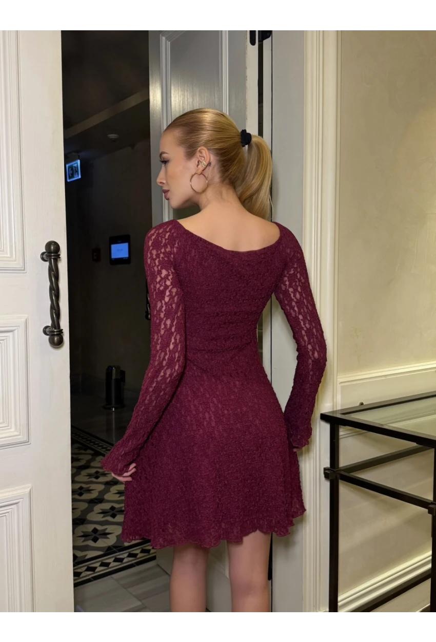 Kadın Güpür Detay Astarlı Elbise Bordo