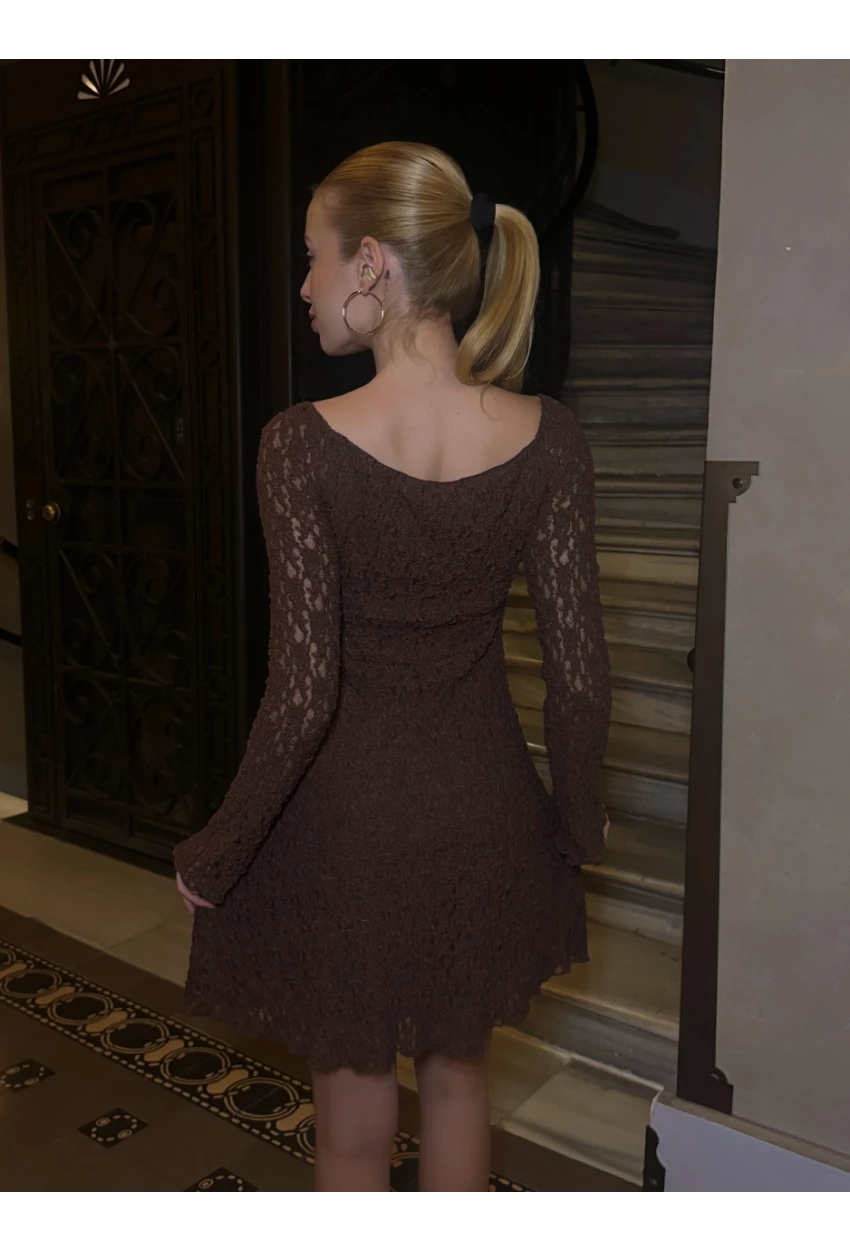 Kadın Güpür Detay Astarlı Elbise Kahve