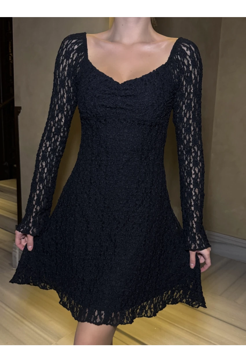 Kadın Güpür Detay Astarlı Elbise Siyah