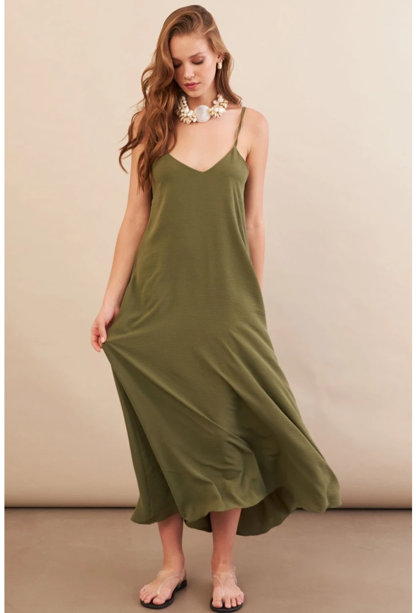 Kadın Haki Askılı Çan Midaxi Elbise OPS9005