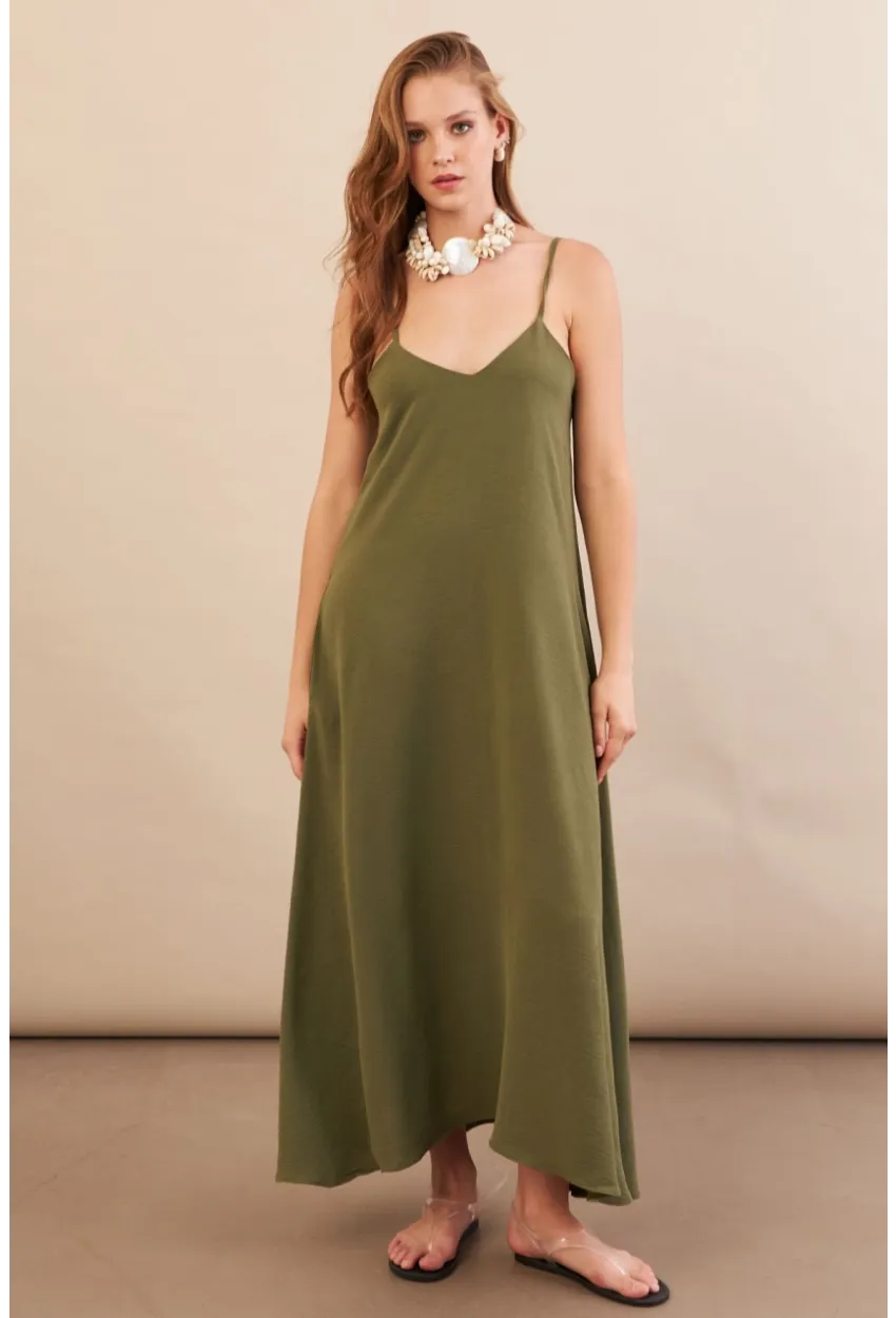 Kadın Haki Askılı Çan Midaxi Elbise OPS9005
