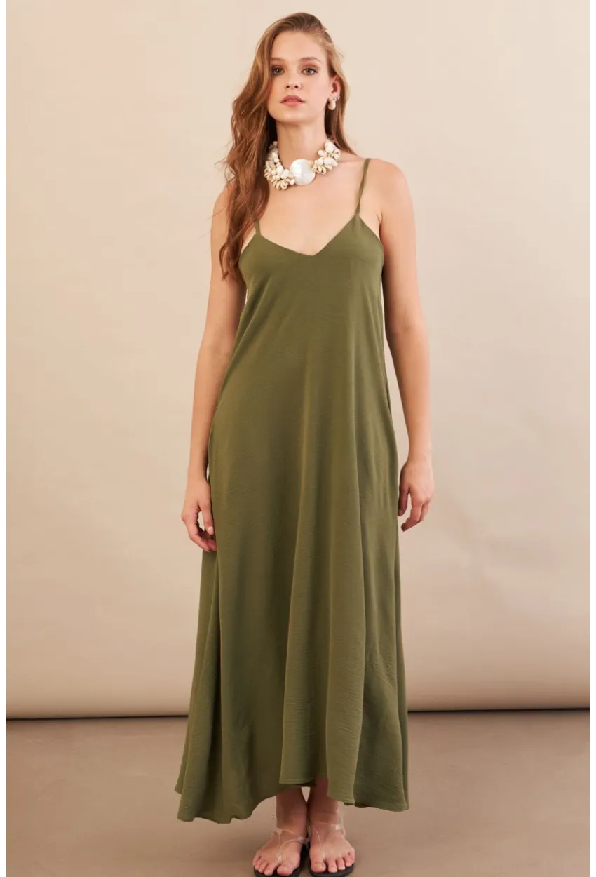 Kadın Haki Askılı Çan Midaxi Elbise OPS9005