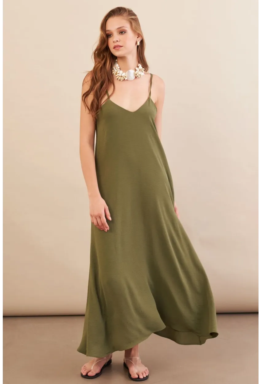 Kadın Haki Askılı Çan Midaxi Elbise OPS9005