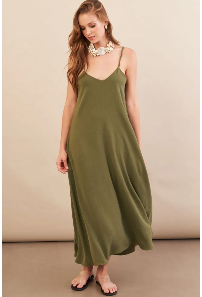 Kadın Haki Askılı Çan Midaxi Elbise OPS9005