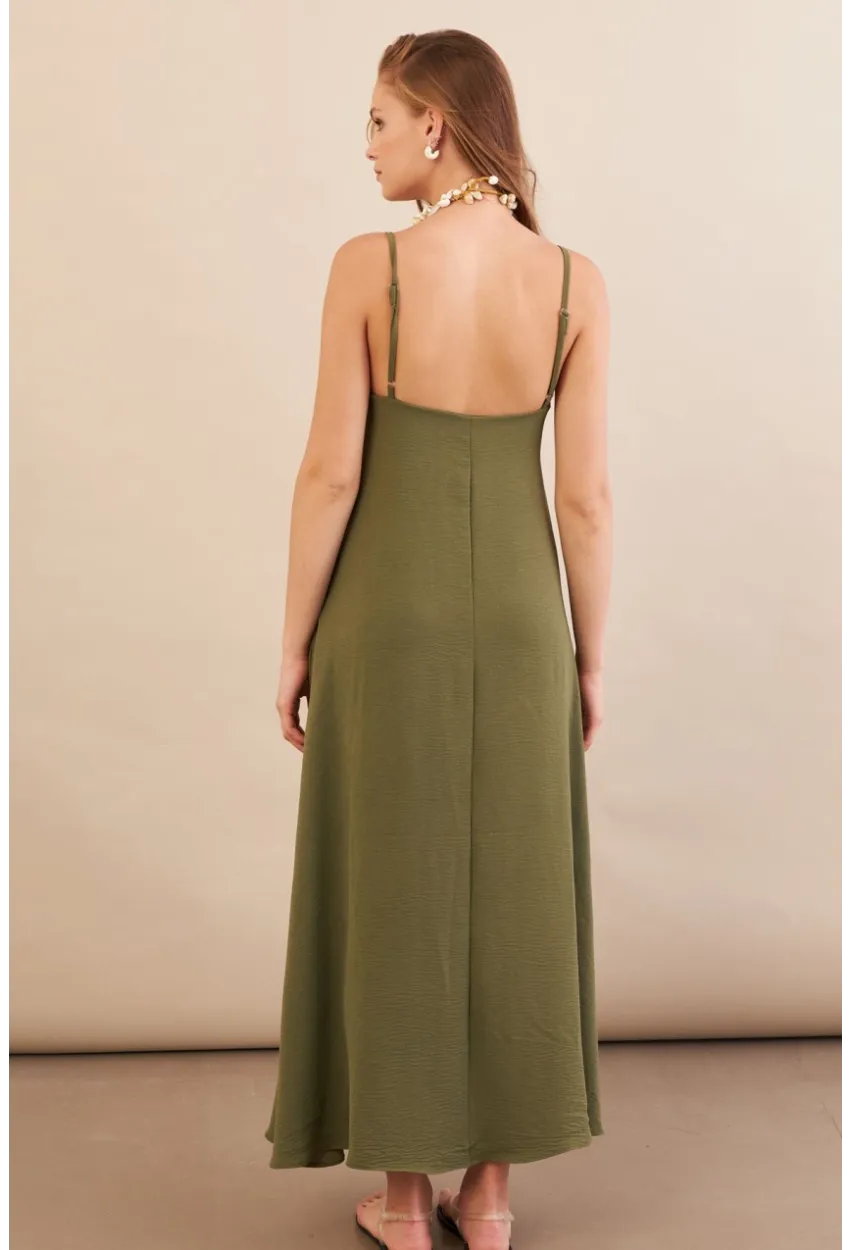 Kadın Haki Askılı Çan Midaxi Elbise OPS9005