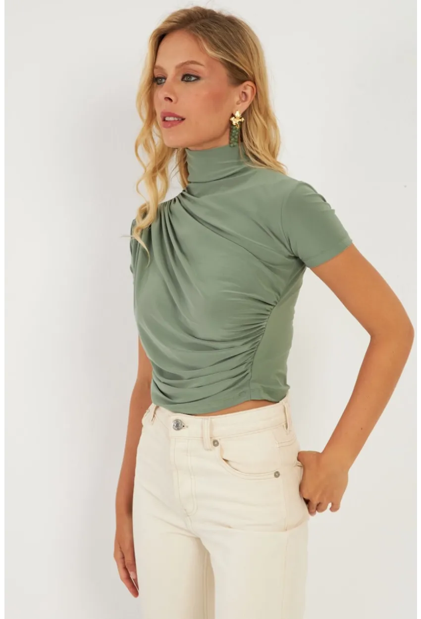 Kadın Haki Büzgülü Bluz LPP1287