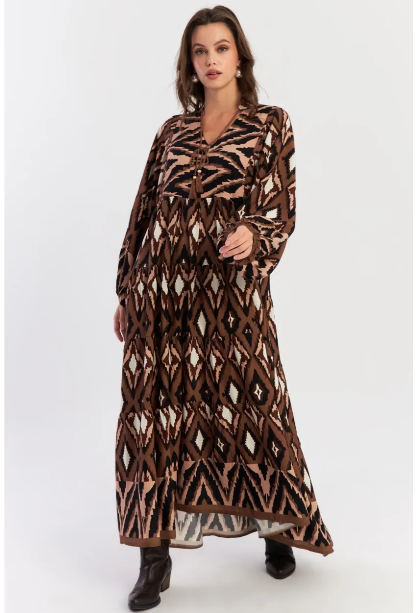 Kadın Haki Desenli Dokuma Maxi Elbise ALO235