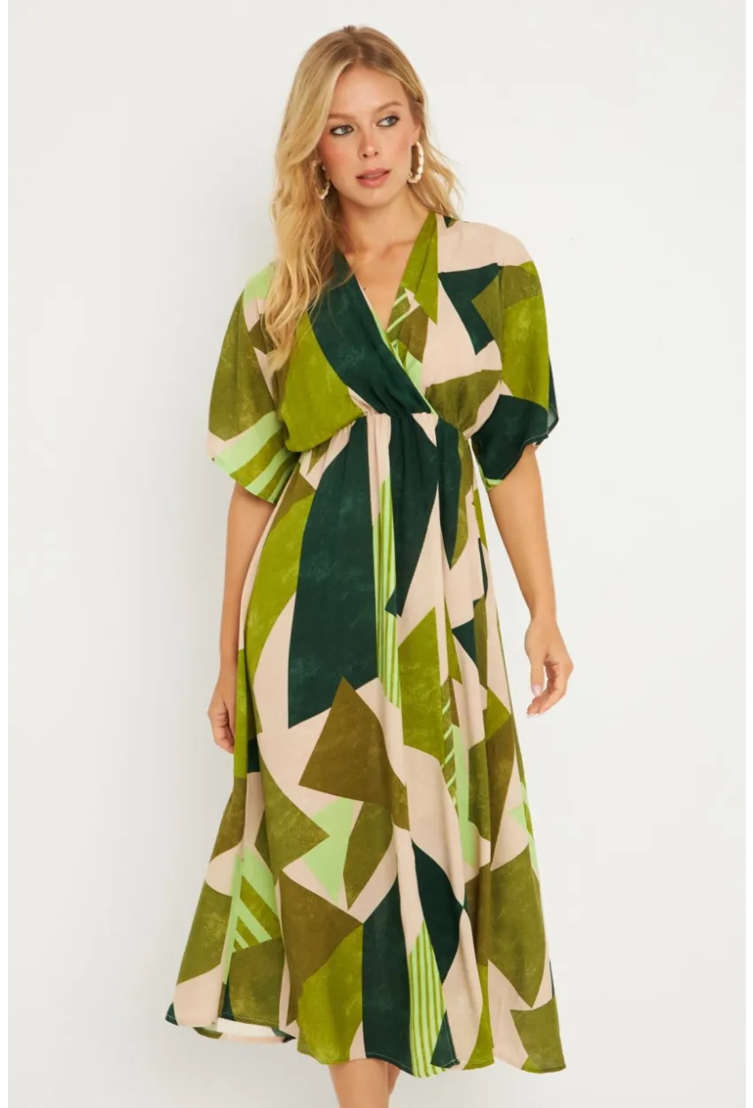 Kadın Haki Desenli Kruvaze Midi Elbise HT108