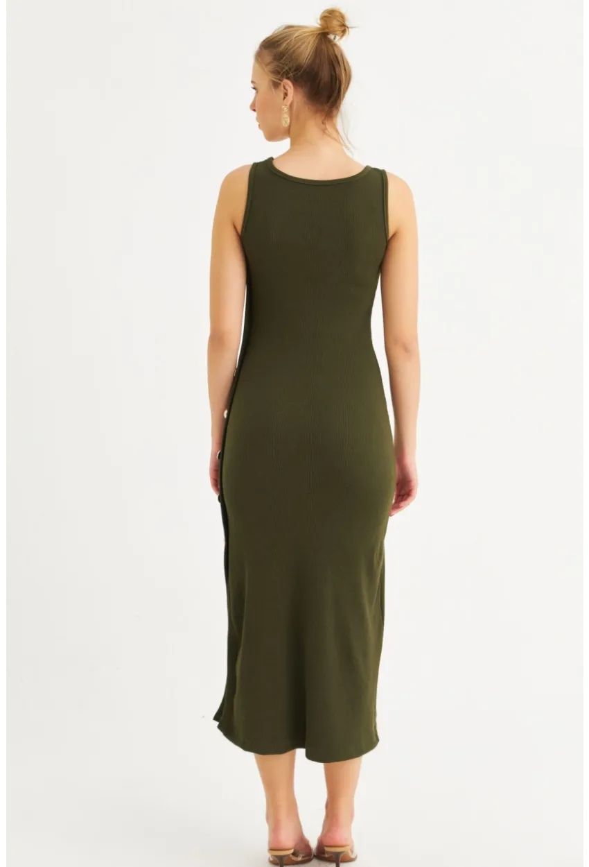 Kadın Haki Düğme Detaylı Kaşkorse Midi Elbise EY2837