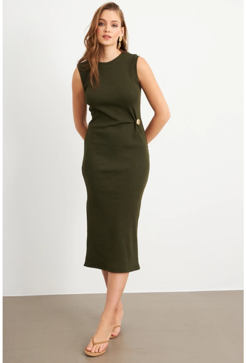 Kadın Haki Düğme Detaylı Kaşkorse Midi Elbise TF74