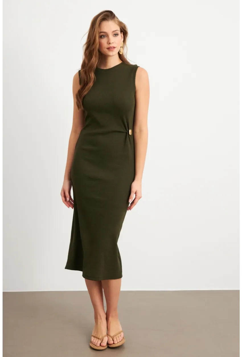 Kadın Haki Düğme Detaylı Kaşkorse Midi Elbise TF74