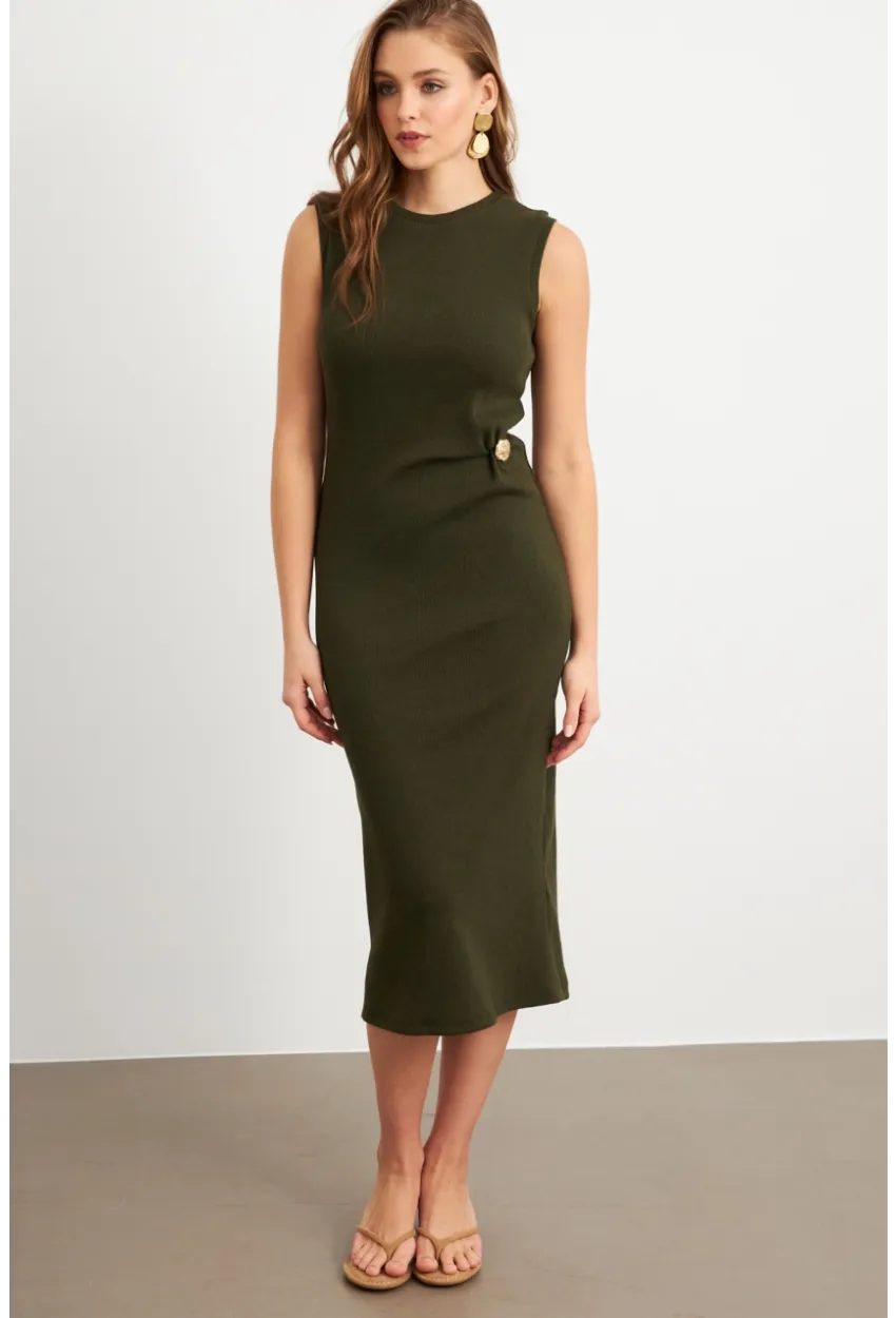 Kadın Haki Düğme Detaylı Kaşkorse Midi Elbise TF74