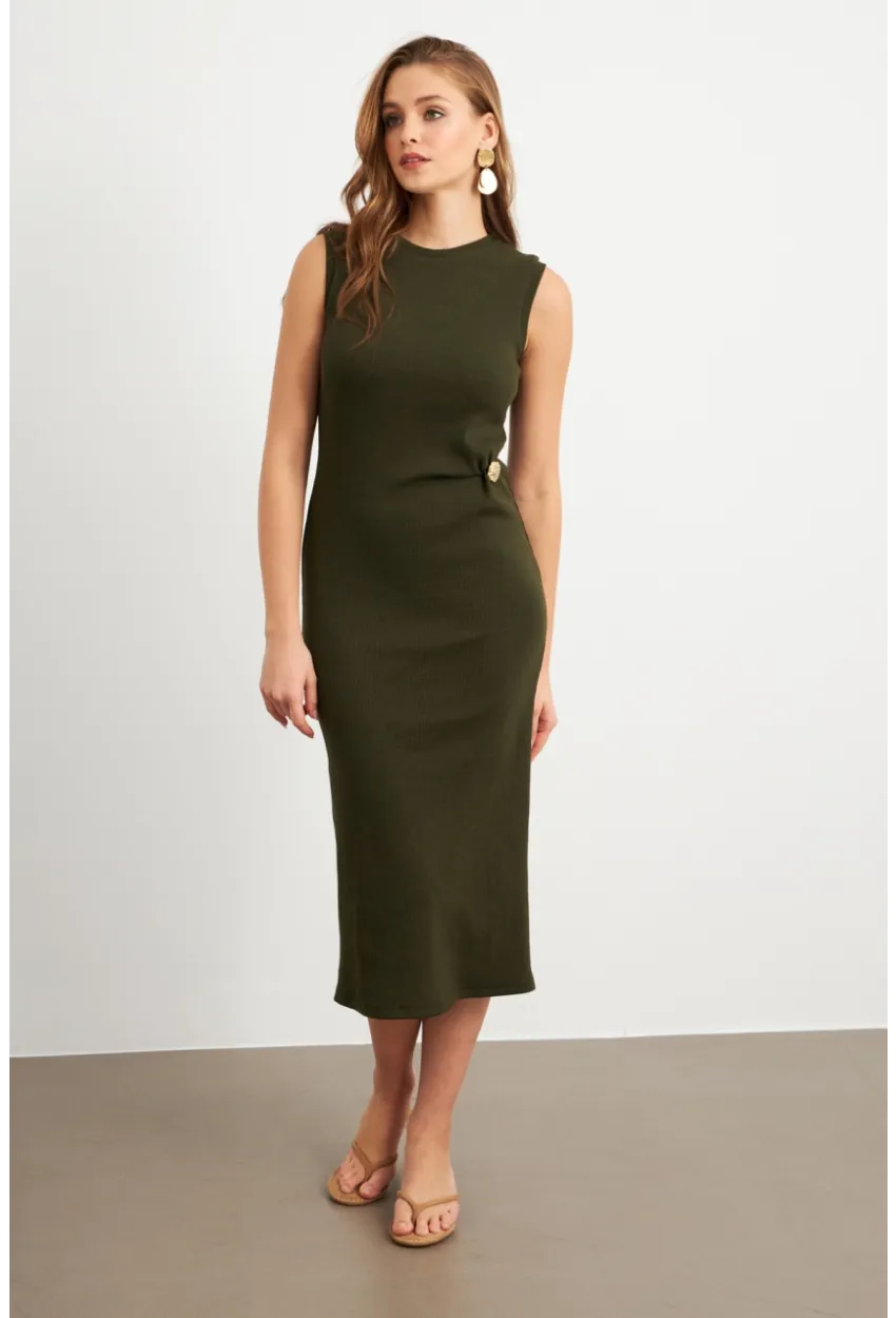 Kadın Haki Düğme Detaylı Kaşkorse Midi Elbise TF74