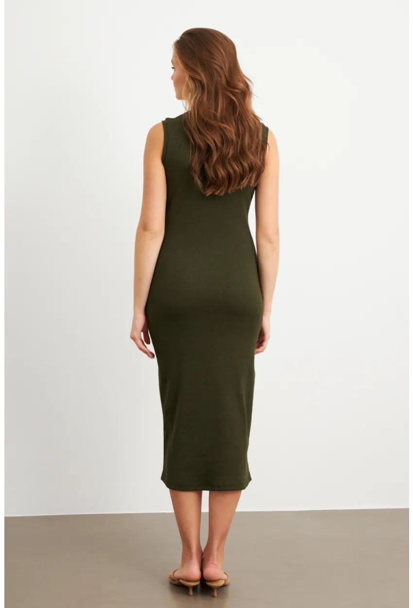 Kadın Haki Düğme Detaylı Kaşkorse Midi Elbise TF74