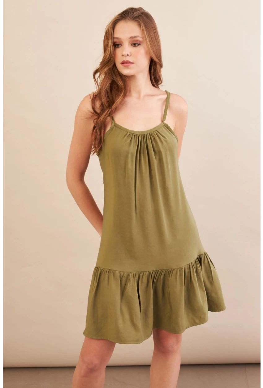 Kadın Haki Eteği Volanlı Askılı Midi Elbise OPS4152