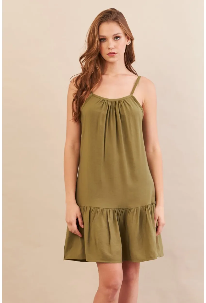 Kadın Haki Eteği Volanlı Askılı Midi Elbise OPS4152