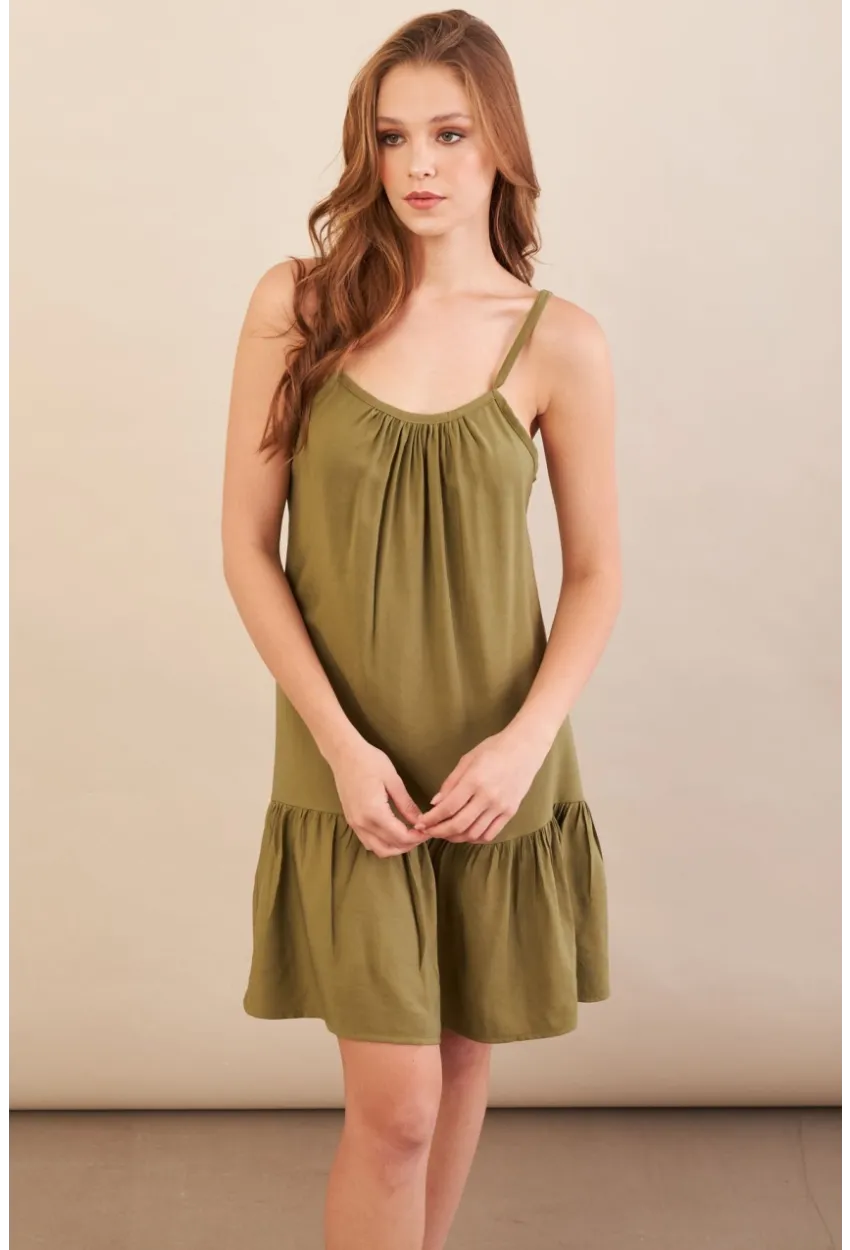 Kadın Haki Eteği Volanlı Askılı Midi Elbise OPS4152