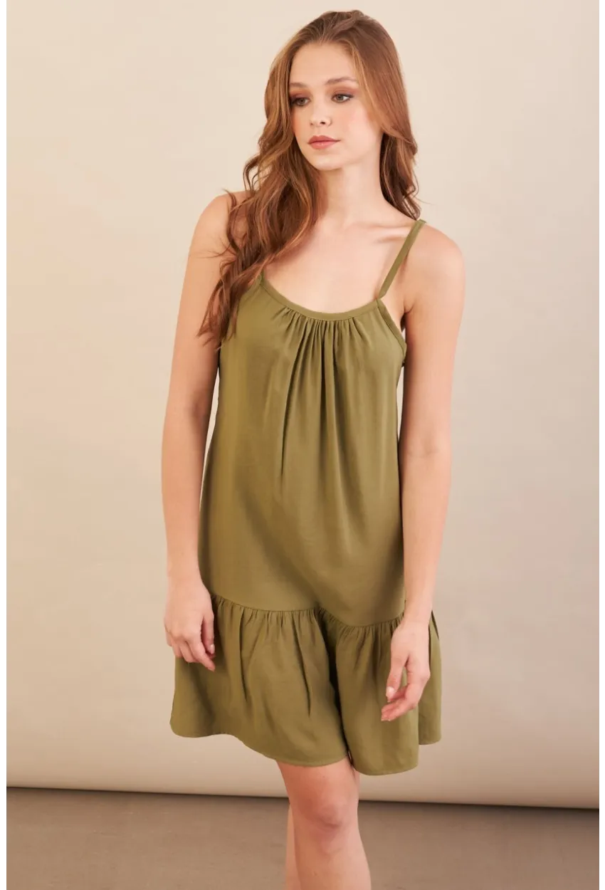 Kadın Haki Eteği Volanlı Askılı Midi Elbise OPS4152