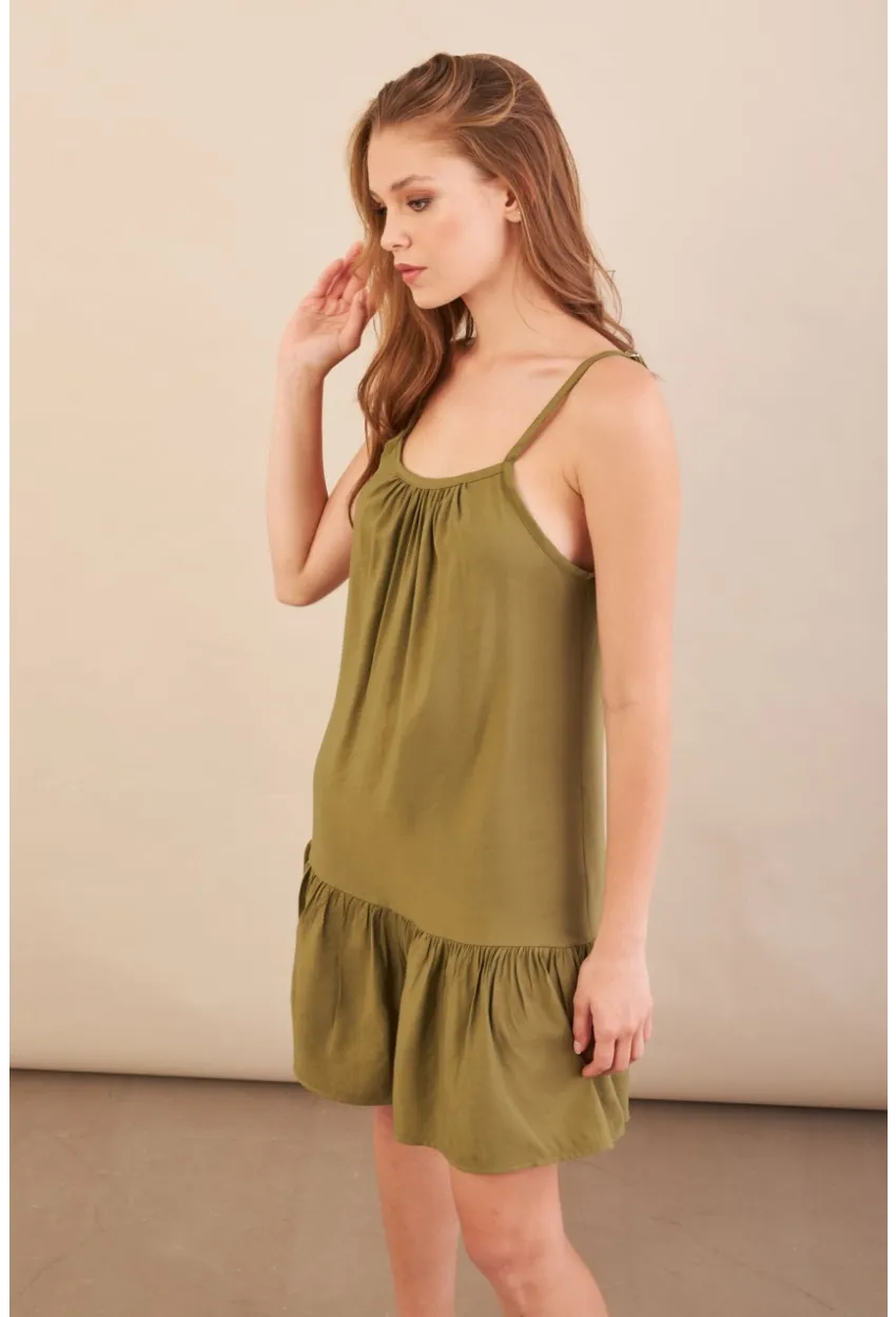 Kadın Haki Eteği Volanlı Askılı Midi Elbise OPS4152