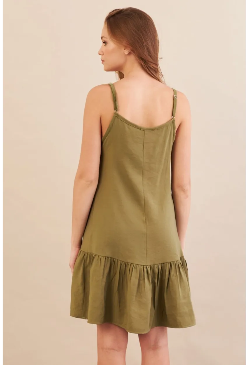 Kadın Haki Eteği Volanlı Askılı Midi Elbise OPS4152