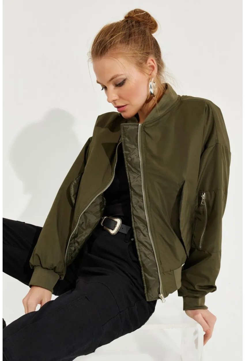 Kadın Haki Fermuarlı Bomber Mont QRS8367