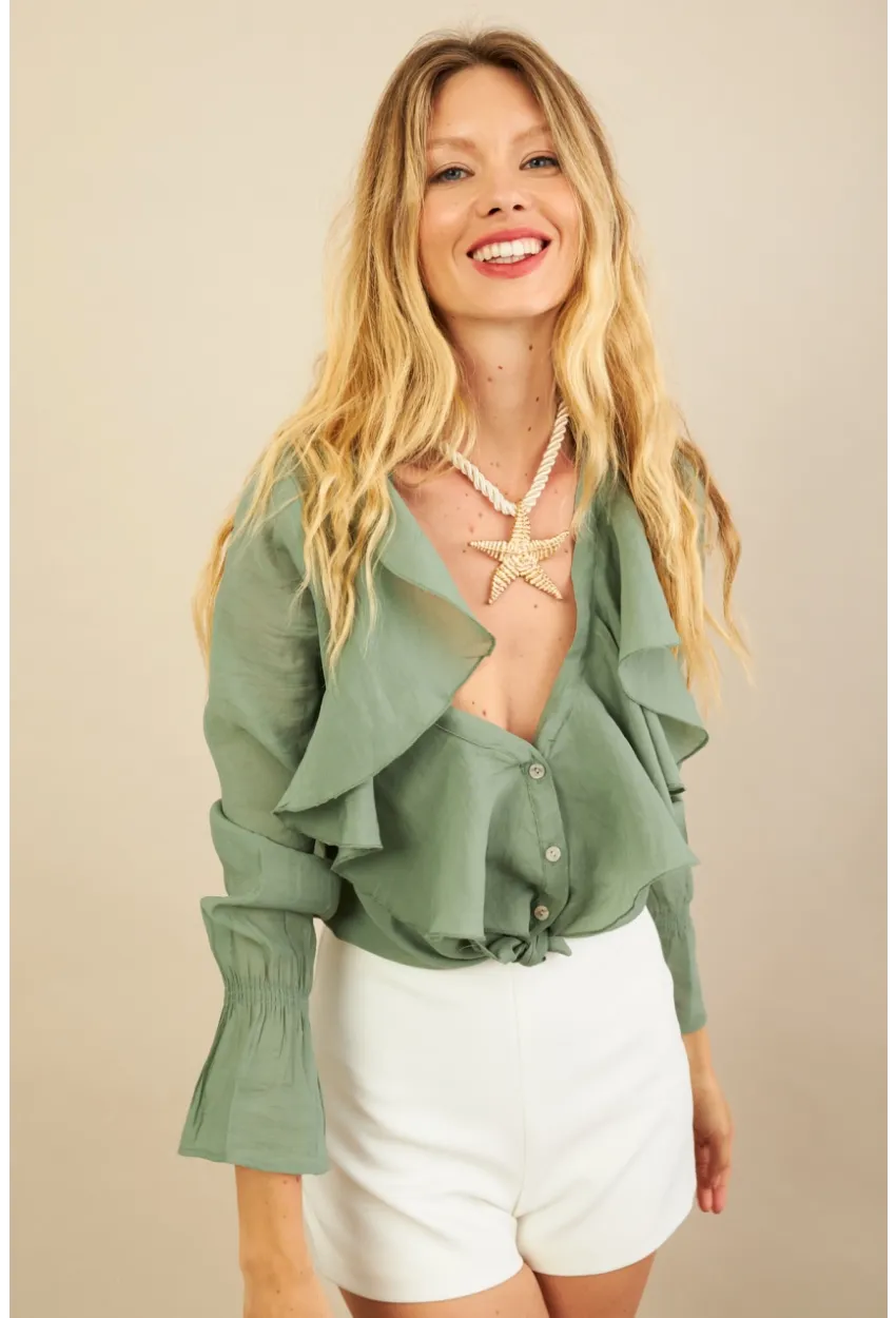 Kadın Haki Fırfırlı Gömlek DMR487
