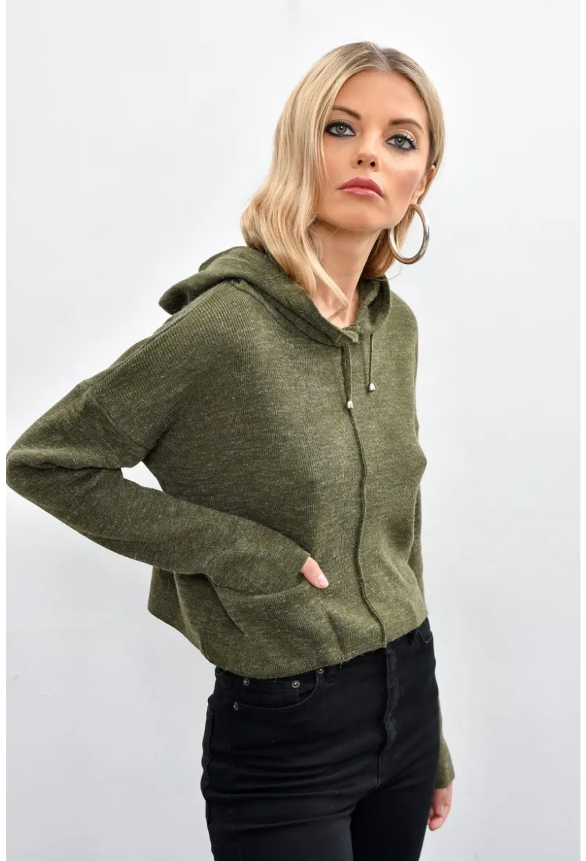 Kadın Haki Kapüşonlu Kısa Triko Bluz YV15-90