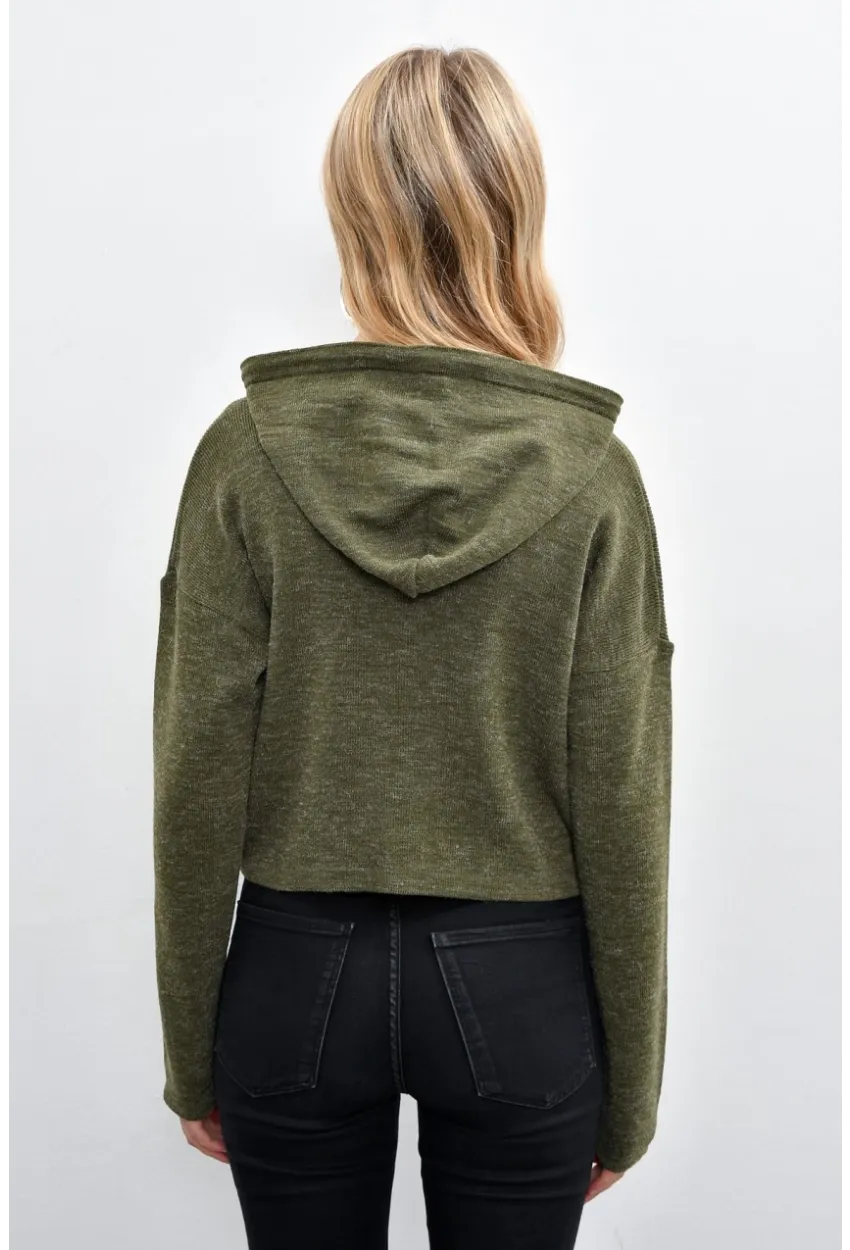 Kadın Haki Kapüşonlu Kısa Triko Bluz YV15-90
