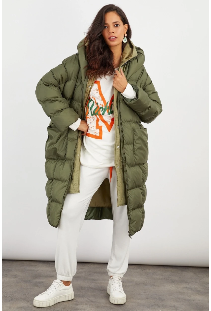 Kadın Haki Kapüşonlu Şişme Uzun Mont MX06