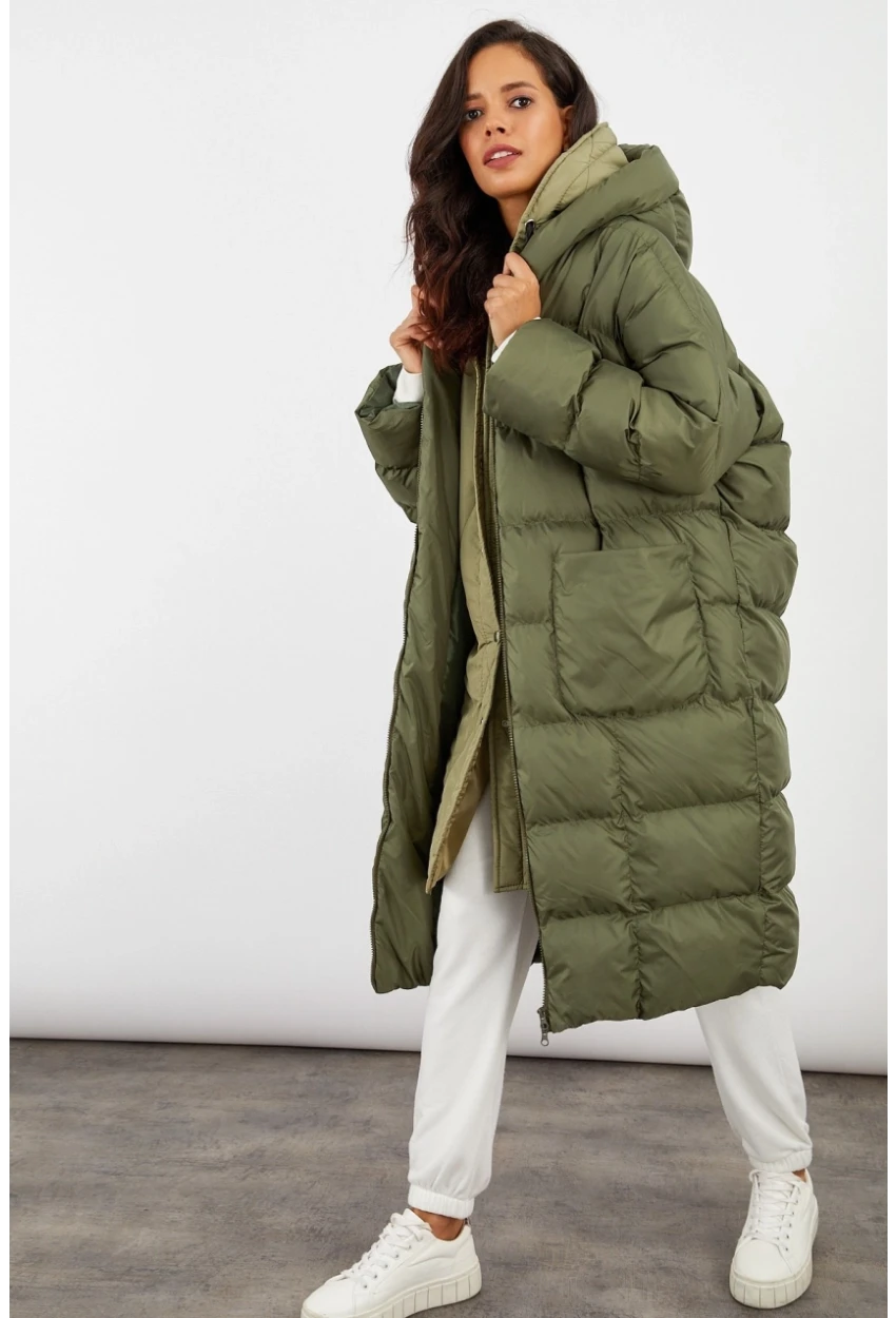 Kadın Haki Kapüşonlu Şişme Uzun Mont MX06