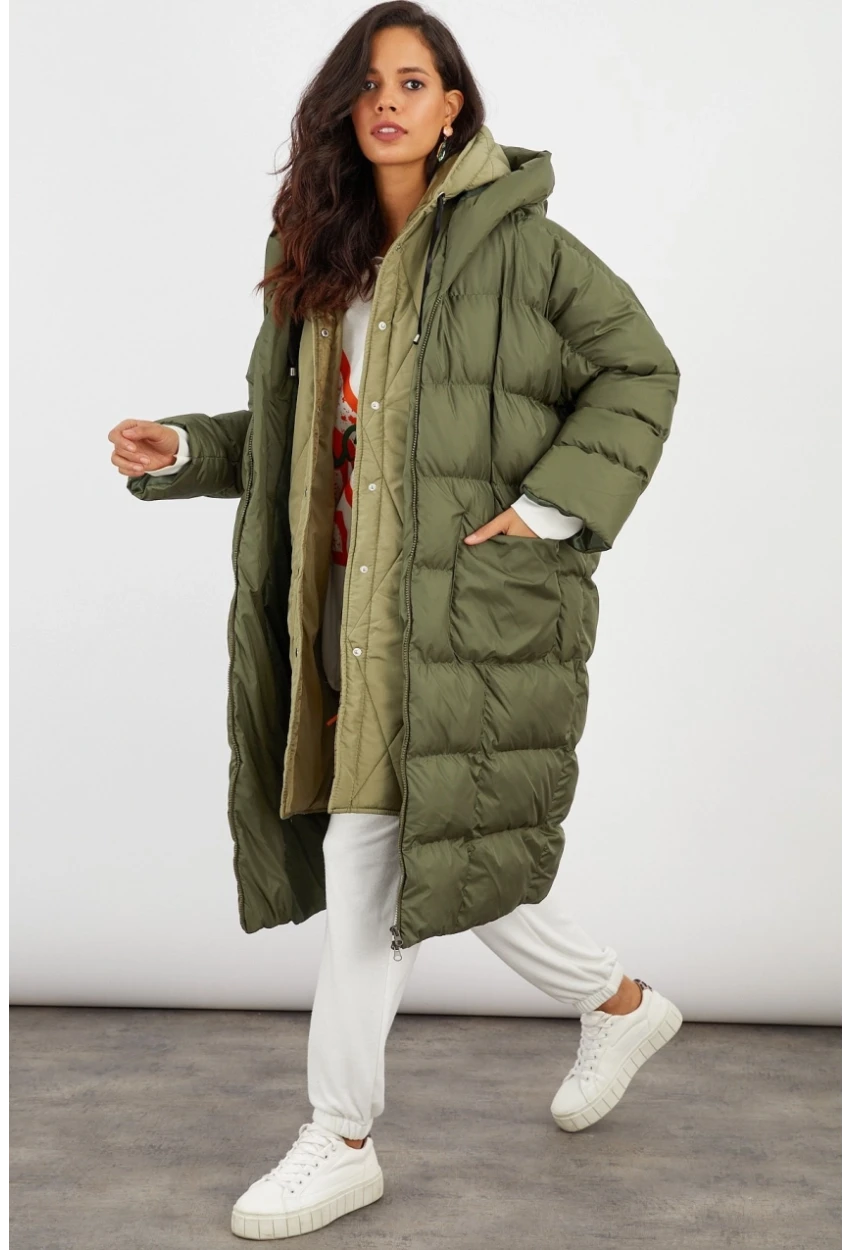 Kadın Haki Kapüşonlu Şişme Uzun Mont MX06