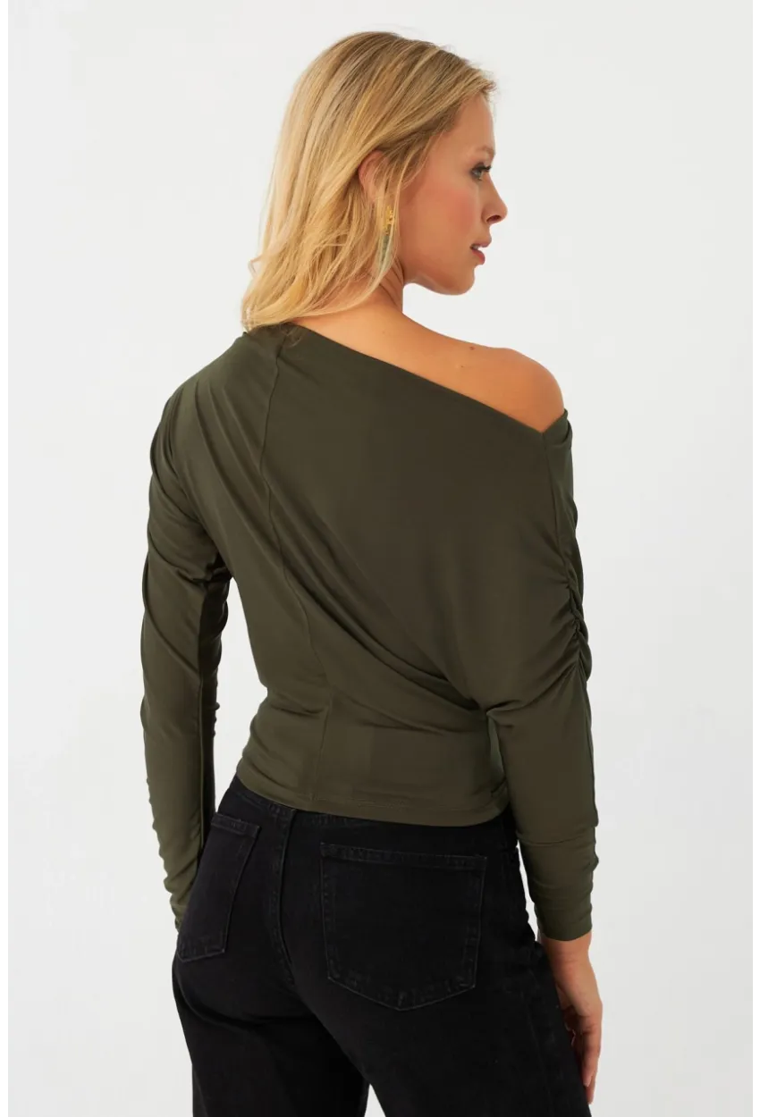 Kadın Haki Kayık Yaka Bluz DMR382-1