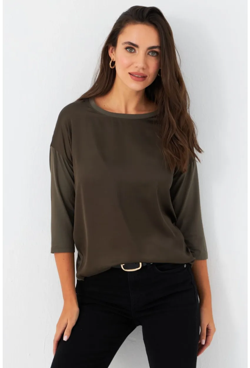 Kadın Haki Önü Saten Bluz MAYD16