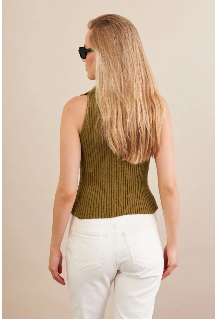 Kadın Haki Polo Yaka Yumoş Yelek ZH050