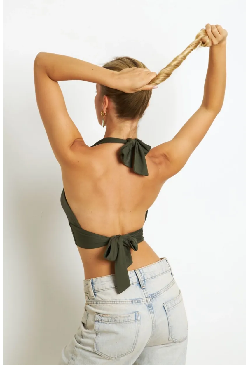 Kadın Haki Sırt Ve Boyun Bağlamalı Bluz EY1472