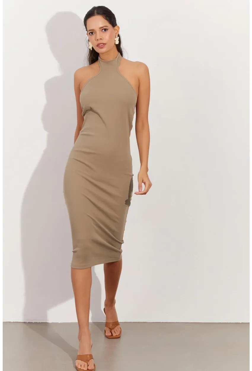 Kadın Haki Sırtı Açık Halter Midi Elbise OW138