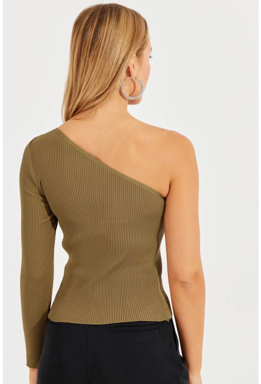 Kadın Haki Tek Omuz Triko Bluz YV204