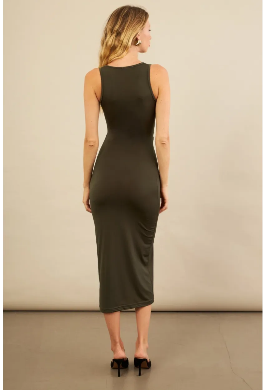 Kadın Haki Toka Aksesuarlı Pencereli Midi Elbise KED7411