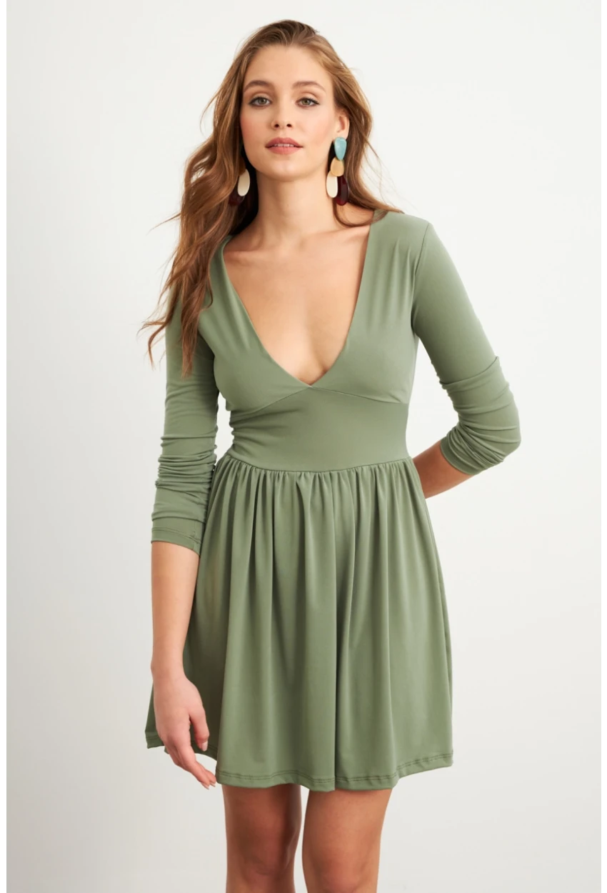 Kadın Haki V Yaka Mini Elbise LİK17