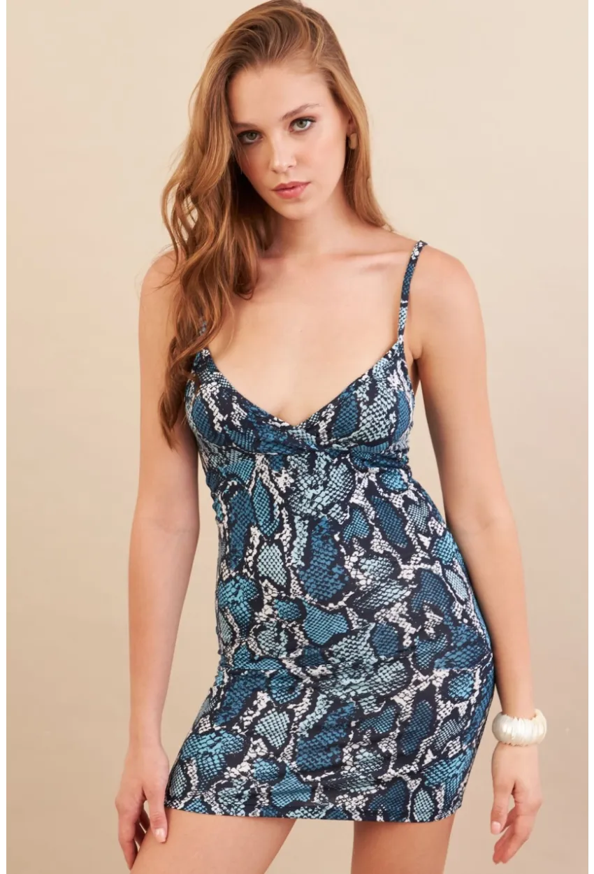 Kadın İndigo Askılı Yılan Desenli Mini Elbise LPP1129-90