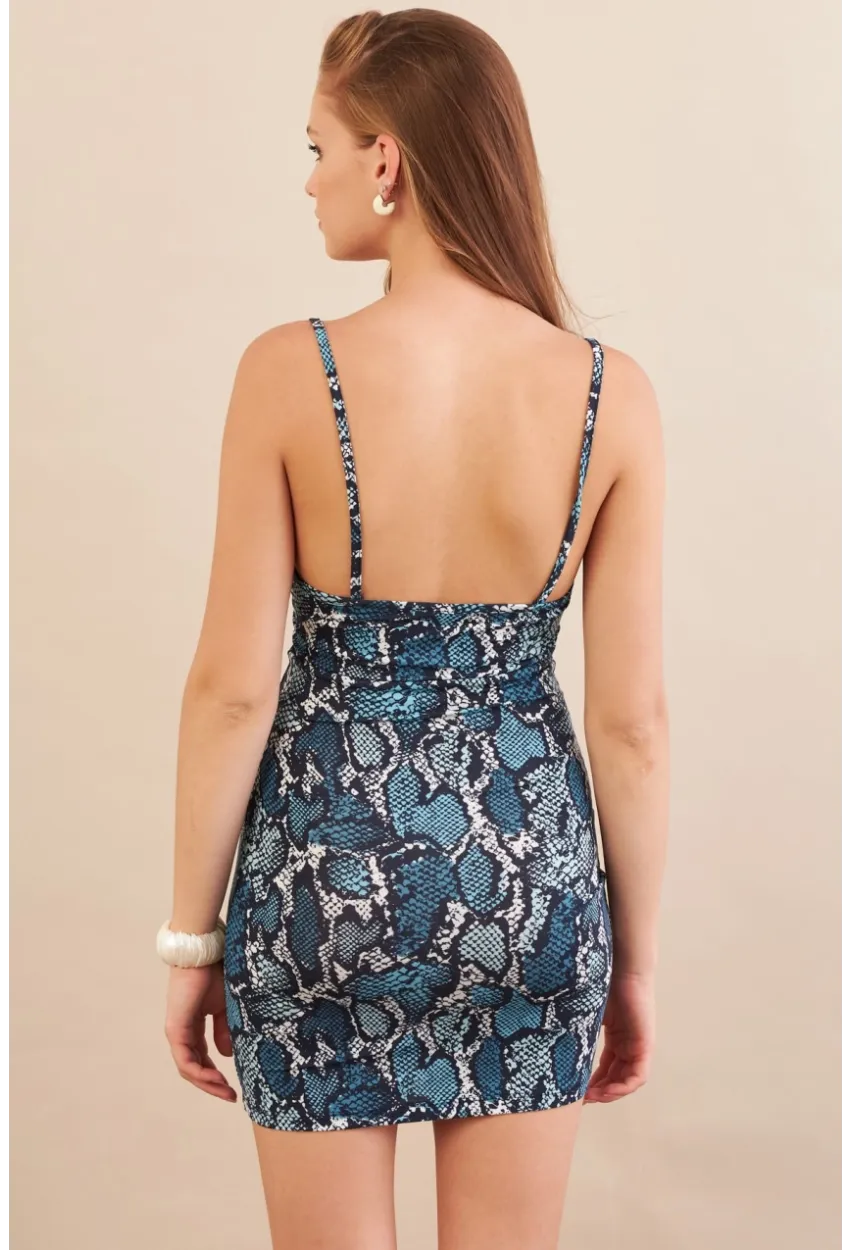 Kadın İndigo Askılı Yılan Desenli Mini Elbise LPP1129-90