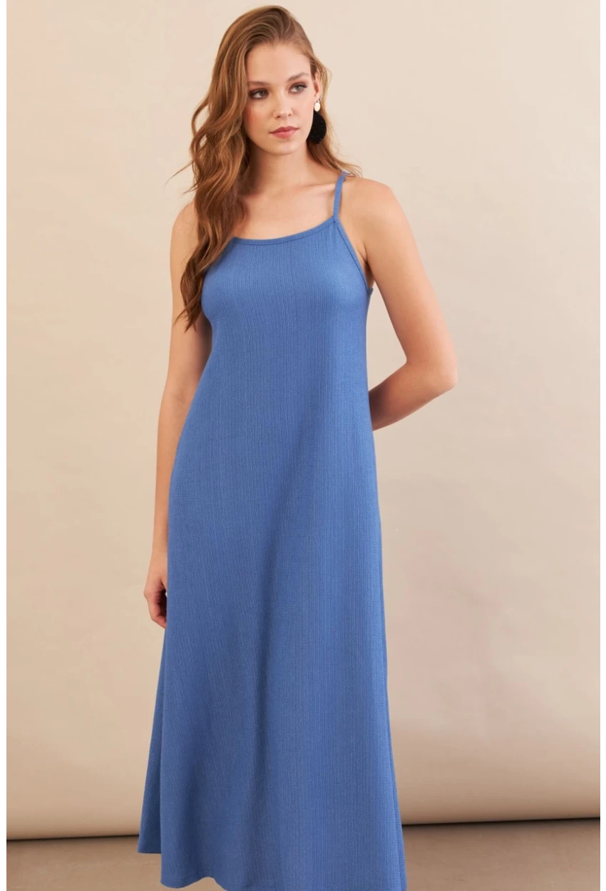 Kadın İndigo Ayarlanabilir Askılı Bürümcük Midi Elbise MX9455