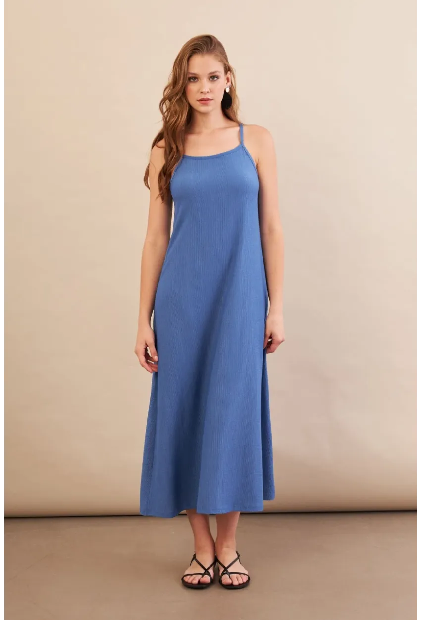 Kadın İndigo Ayarlanabilir Askılı Bürümcük Midi Elbise MX9455