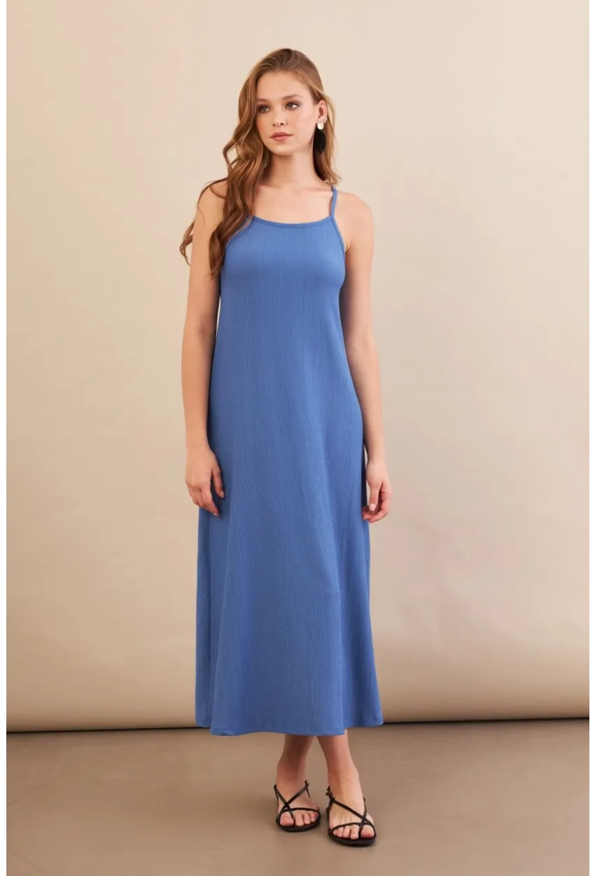 Kadın İndigo Ayarlanabilir Askılı Bürümcük Midi Elbise MX9455