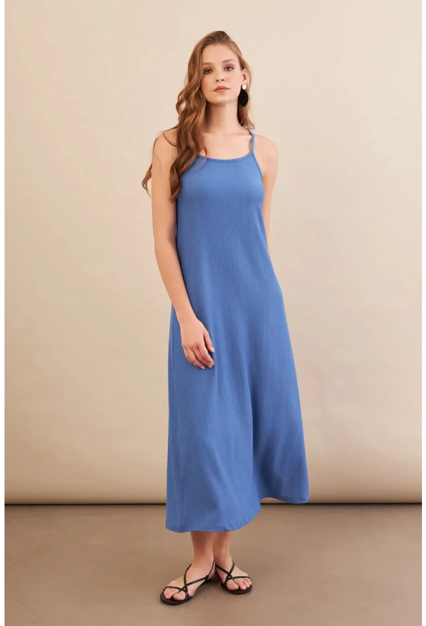 Kadın İndigo Ayarlanabilir Askılı Bürümcük Midi Elbise MX9455