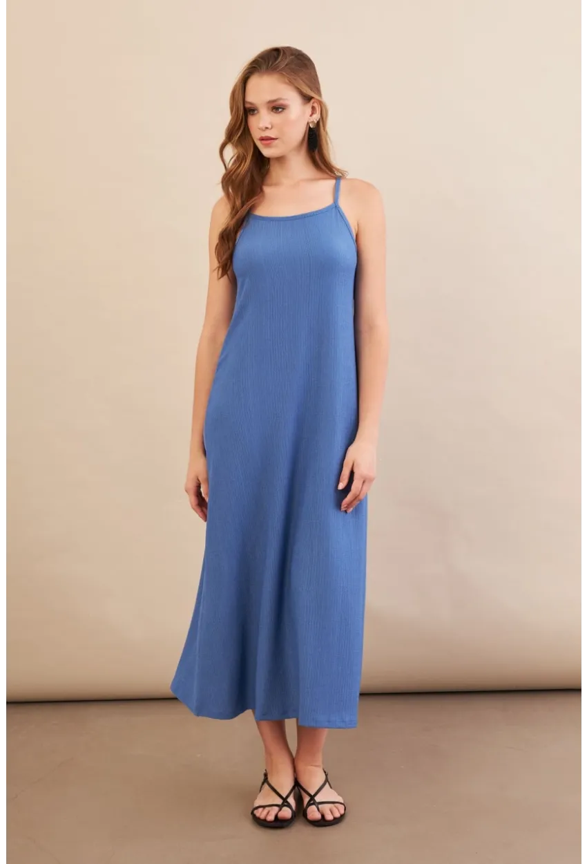 Kadın İndigo Ayarlanabilir Askılı Bürümcük Midi Elbise MX9455