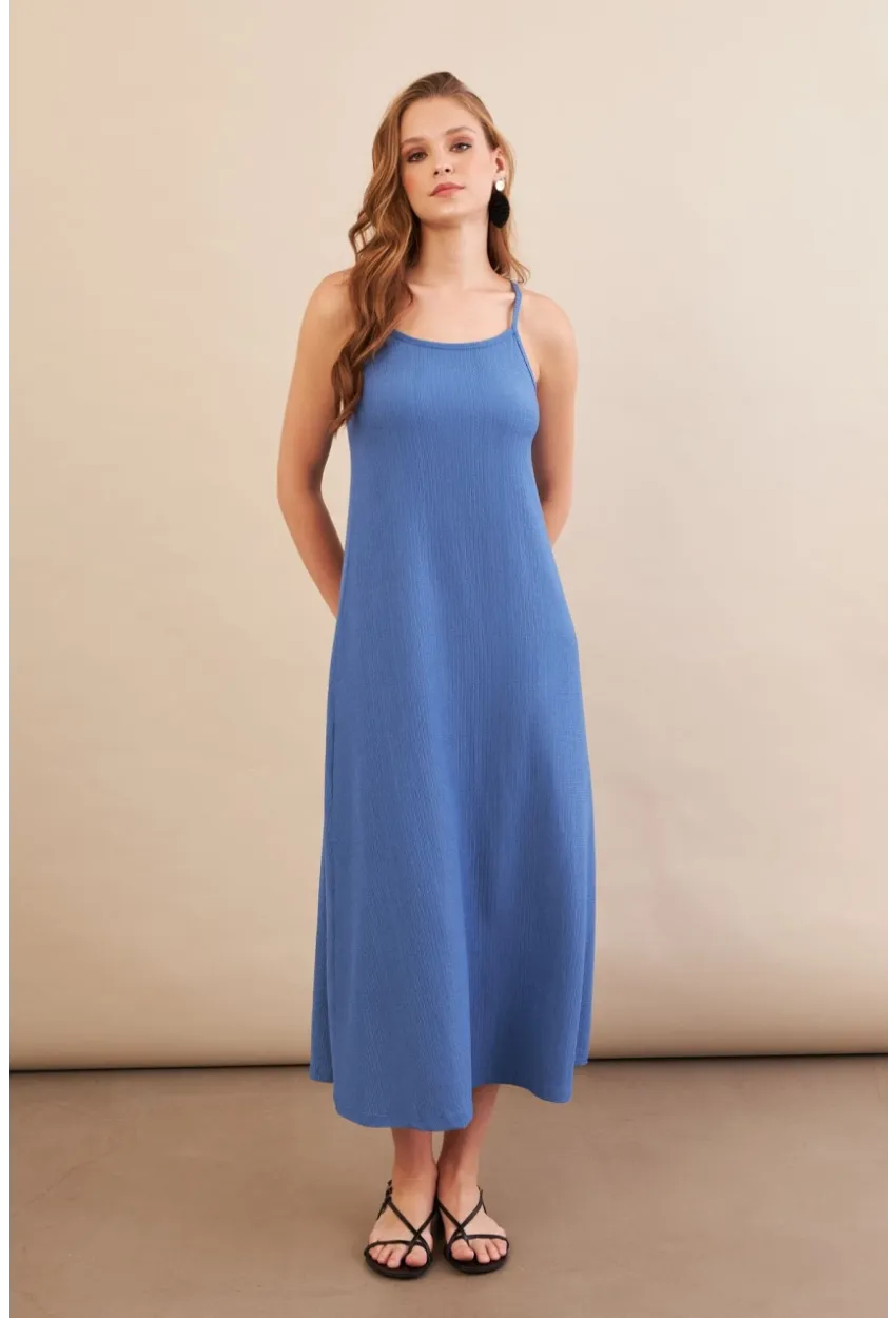 Kadın İndigo Ayarlanabilir Askılı Bürümcük Midi Elbise MX9455