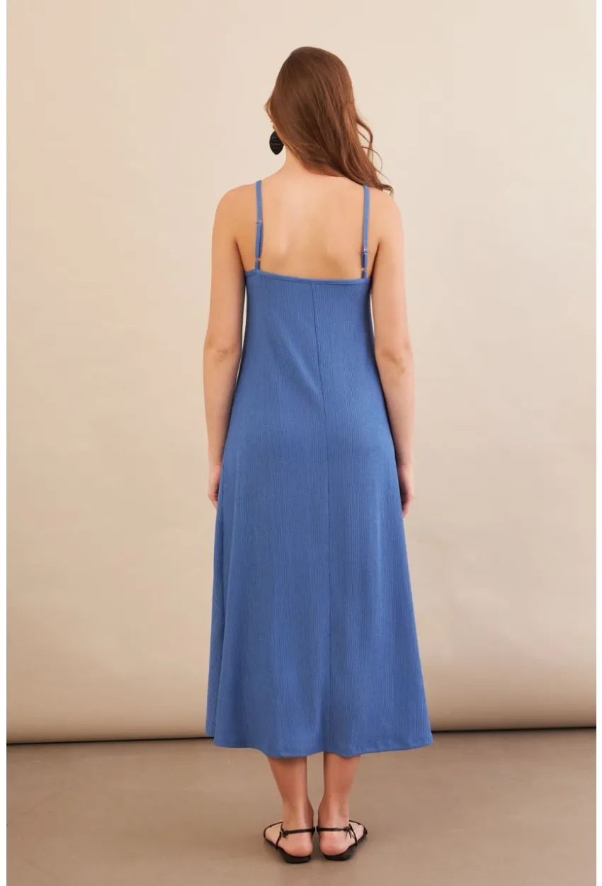 Kadın İndigo Ayarlanabilir Askılı Bürümcük Midi Elbise MX9455