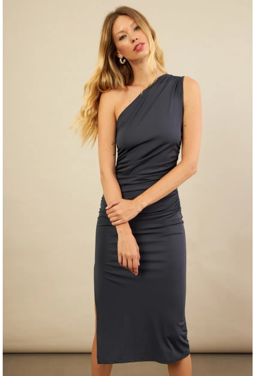 Kadın İndigo Büzgülü Tek Omuz Midi Elbise YEL221676