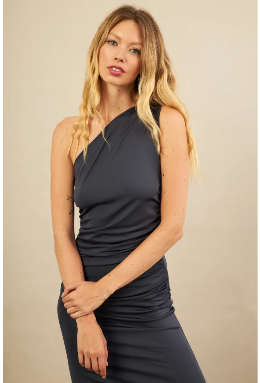 Kadın İndigo Büzgülü Tek Omuz Midi Elbise YEL221676